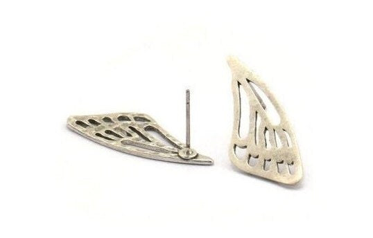 Silver Wing Earring, 4 Antique Silver Brass Wing Stud Earrings, Findings (29x11x1mm) N1131