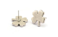 Silver Flower Earring, 4 Antique Silver Plated Brass Flower Stud Earrings (15x2mm) D1183 A1231