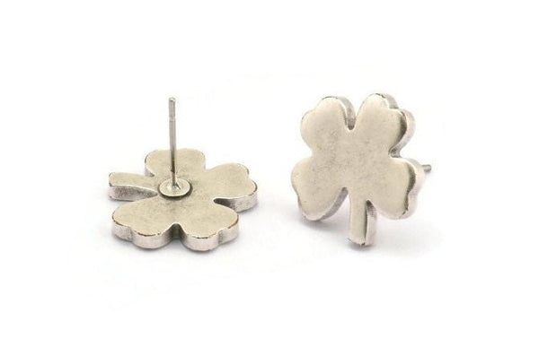 Silver Flower Earring, 4 Antique Silver Plated Brass Flower Stud Earrings (15x2mm) D1183 A1231