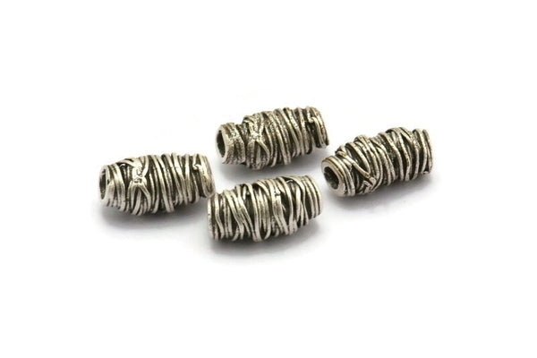 Silver Spool Beads, 2 Antique Silver Plated Brass Spool Shaped Beads (16x8mm) N0226 F043