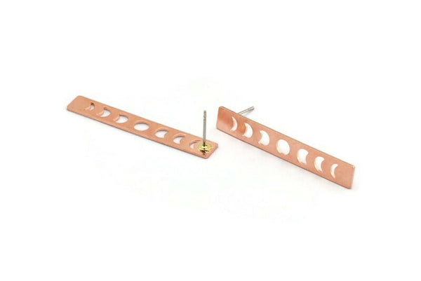 Copper Rectangle Earring, 6 Raw Copper Moon Phases Stud Earrings (40x6x0.80mm) M01478