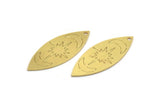 Brass Marquise Charm, 6 Raw Brass Pole Star And Crescent Moon Pattarned Marquise Shaped Charms With 1 Hole (39x15x0.80mm) A5547