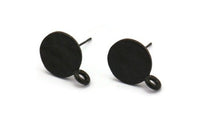 Black Earring Posts, 12 Oxidized Black Plated Brass Round Earring Stud, Earring Charms With 1 Loop (9mm) N0803