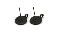 Black Earring Posts, 12 Oxidized Black Plated Brass Round Earring Stud, Earring Charms With 1 Loop (9mm) N0803