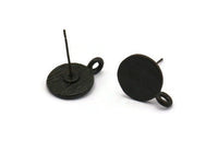 Black Earring Posts, 12 Oxidized Black Plated Brass Round Earring Stud, Earring Charms With 1 Loop (9mm) N0803