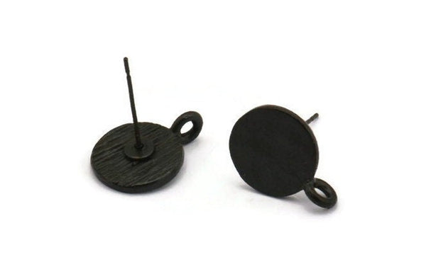 Black Earring Posts, 12 Oxidized Black Plated Brass Round Earring Stud, Earring Charms With 1 Loop (9mm) N0803