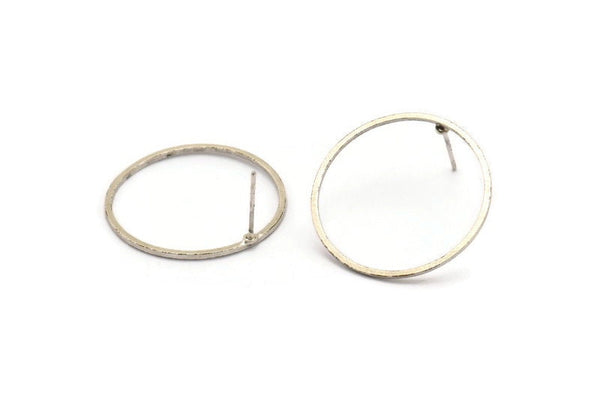 Silver Circle Earring, 8 Antique Silver Plated Brass Circle Stud Earrings (26x1x1mm) A2420
