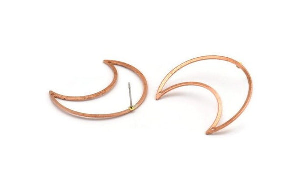 Copper Moon Earring, 2 Raw Copper Crescent Moon Stud Earrings With 2 Holes (35x15x0.80mm) M03107 A5325