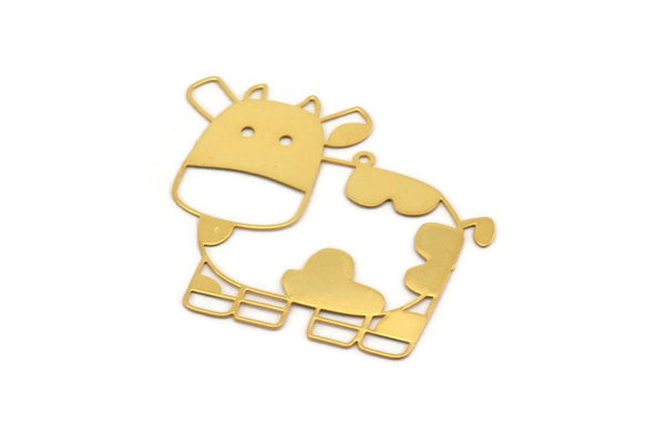 Gold Cow Charm, 4 Gold Plated Brass Cow Charms With 1 Loop, Findings (44x38x0.30mm) D1699