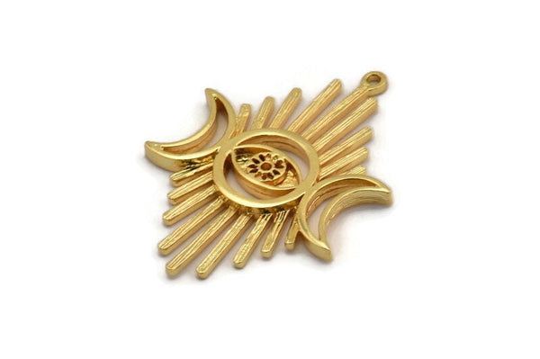 Moon And Eye, Gold Plated Brass, Gold Sun, Charm Pendant, Gold Pendant, Gold Moon Phases Charm With 1 Loop (37x26x1.2mm) N1623