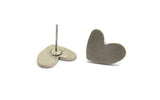 Silver Heart Earring, 6 Antique Silver Plated Brass Heart Stud Earrings (14x11x1mm) M854 A2238