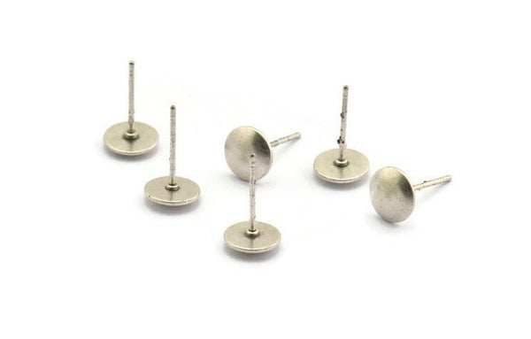 Silver Round Earring, 8 Antique Silver Plated Brass Round Stud Earrings (8mm) D1463