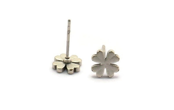 Silver Flower Earring, 8 Antique Silver Plated Brass Flower Stud Earrings (8mm) D1466