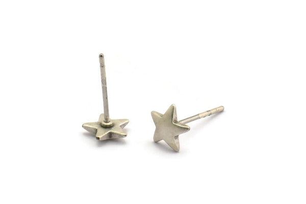 Silver Star Earring, 8 Antique Silver Plated Brass Star Stud Earrings (7mm) D1464