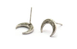 Silver Moon Earring, 6 Antique Silver Plated Brass Crescent Moon Stud Earrings (12x3x2mm) A2182
