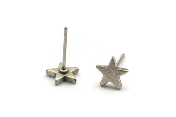 Silver Star Earring, 8 Antique Silver Plated Brass Star Stud Earrings (8mm) D1467