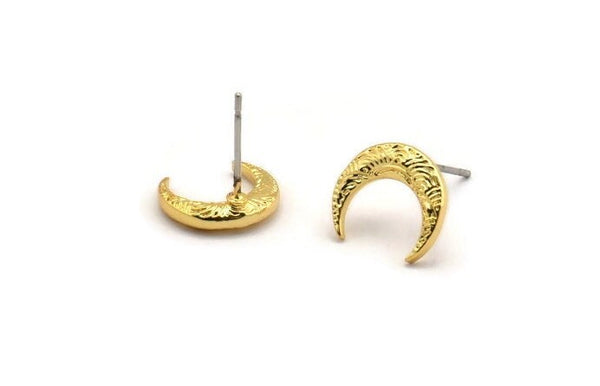 Gold Moon Earring, 4 Gold Plated Brass Crescent Moon Stud Earrings (12x3x2mm) A2182