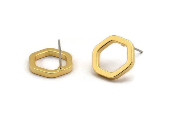 Gold Hexagon Earring, 4 Gold Plated Brass Hexagon Stud Earrings (14x2x2mm) D0134 A1318