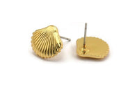 Gold Shell Earring, 2 Gold Plated Brass Sea Shell Stud Earrings, Findings (13x11x2mm) D994 A1225