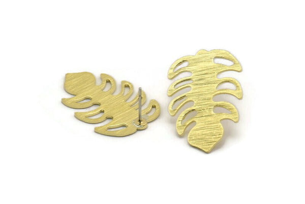 Brass Leaf Earring, 4 Textured Raw Brass Leaf Stud Earrings (30x20x0.80mm) M01784 A5778