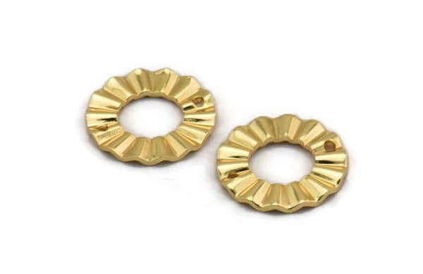 Gold Ring Charm, 4 Gold Plated Brass Wavy Round Connectors With 2 Holes, Findings (18x1mm) D892