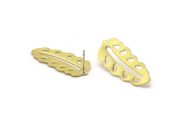 Brass Leaf Earring, 4 Raw Brass Leaf Stud Earrings (30x13x0.80mm) M01753 A5835