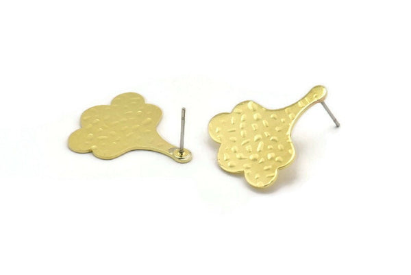 Brass Leaf Earring, 4 Hammered Raw Brass Leaf Stud Earrings (25x21x0.80mm) M03317