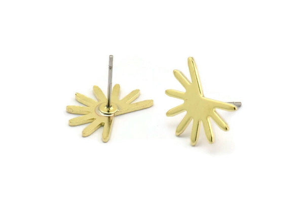 Brass Sun Earring, 8 Raw Brass Sun Stud Earrings (11x15x0.80mm) M02250