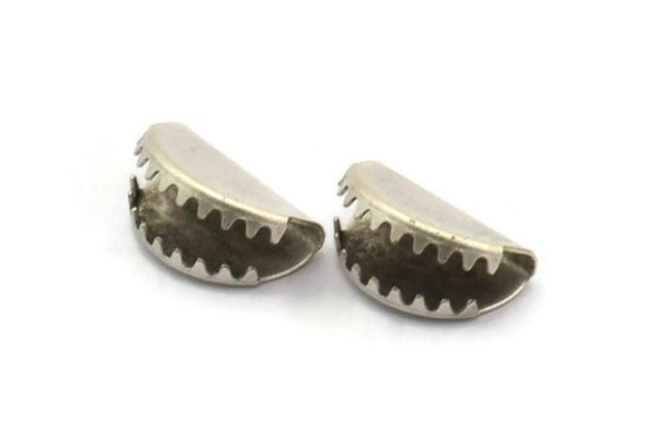 Half Moon Crimp, 12 Antique Silver Plated Brass Ribbon Crimp Ends, Findings (15x10mm) D0115