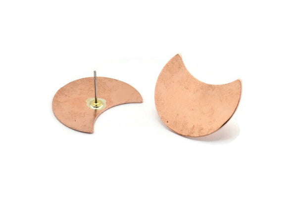 Copper Moon Earring, 4 Raw Copper Moon Stud Earrings (25x15x0.70mm) M706
