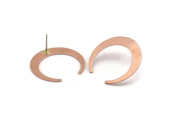 Copper Moon Earring, 4 Raw Copper Crescent Moon Stud Earrings (26x27x1mm) M02212