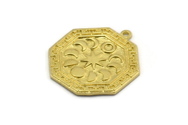 Brass Octagon Charm, Raw Brass Octagon Charm With 1 Loop, Moon Findings, Moon Phases Findings, Star Findings (28x25x1.5mm) N2246