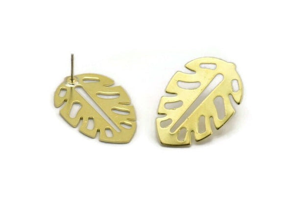 Brass Leaf Earring, 6 Raw Brass Leaf Stud Earrings (30x20x0.80mm) M01677