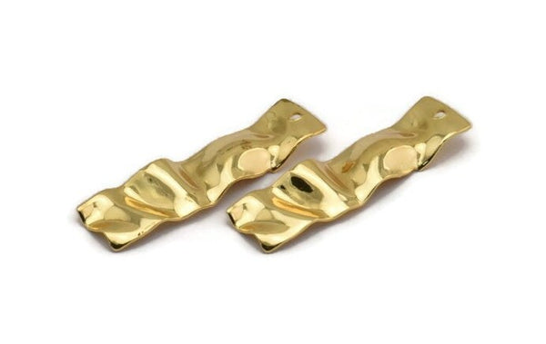 Gold Rectangle Charm, 4 Gold Plated Brass Wavy Rectangle Charms With 1 Hole, Earrings, Findings (36x10x0.60mm) D857