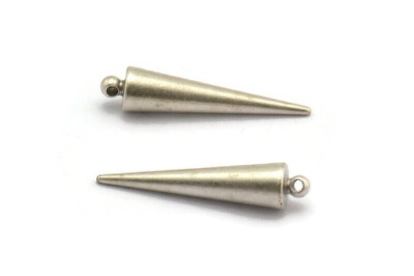 Silver Spike Charm, 2 Antique Silver Plated Brass Spike Tribal Pendants With 1 Loop (7x32mm) D1507