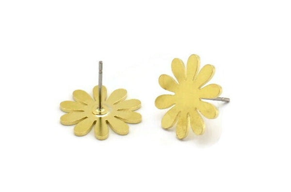 Brass Flower Earring, 6 Raw Brass Flower Shaped Stud Earrings (15x0.80mm) A5989