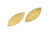Brass Marquise Charm, 6 Raw Brass Leaf Pattarned Marquise Shaped Charms With 1 Hole (39x15x0.80mm) A5710