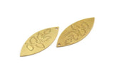 Brass Marquise Charm, 6 Raw Brass Leaf Pattarned Marquise Shaped Charms With 1 Hole (39x15x0.80mm) A5710