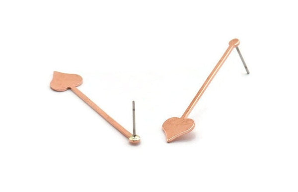Copper Heart Earring, 8 Raw Copper Spade Stud Earrings (40x9x0.80mm) M02026
