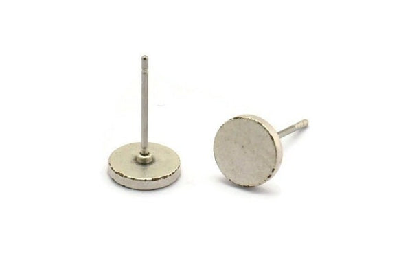 Silver Round Earring, 8 Antique Silver Plated Brass Round Stud Earrings (8mm) D1461