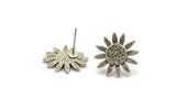 Silver Sunflower Earring, 2 Antique Silver Plated Brass Sunflower Stud Earrings (15mm) N1341