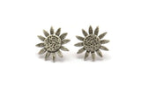 Silver Sunflower Earring, 2 Antique Silver Plated Brass Sunflower Stud Earrings (15mm) N1341