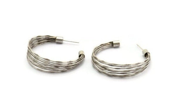 Silver Wire Earring, 2 Antique Silver Plated Brass Wire Stud Earrings (40mm) D1651