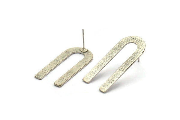 U Shape Earring, 6 Textured Antique Silver Plated Brass U Shaped Stud Earrings (30x13x0.80mm) M167 A1592