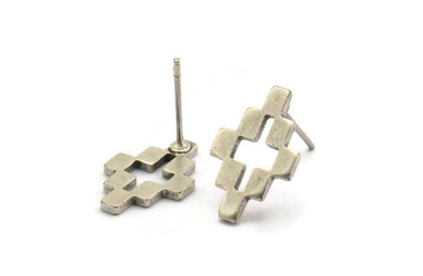 Silver Puzzle Earring, 6 Antique Silver Plated Brass Stud Earrings (10x15x1mm) D1015 A1241