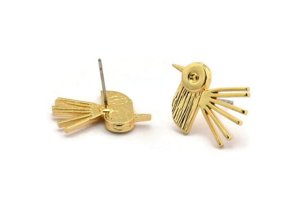 Gold Bird Earring, 2 Gold Plated Brass Bird Stud Earrings (20x15x1.5mm) N1688 H0929