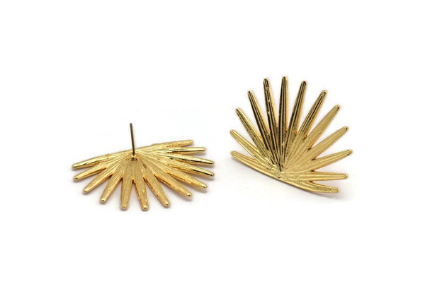 Gold Sun Earring, 2 Gold Plated Brass Sunshine Stud Earrings (38x28mm) N1059