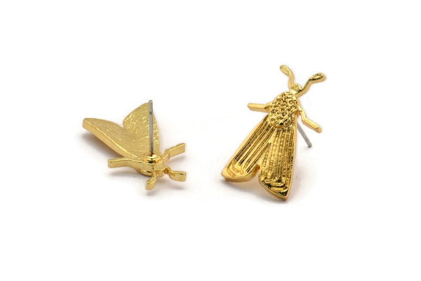 Gold Butterfly Earring, 2 Gold Plated Brass Butterfly Stud Earrings (22x12mm) N1757