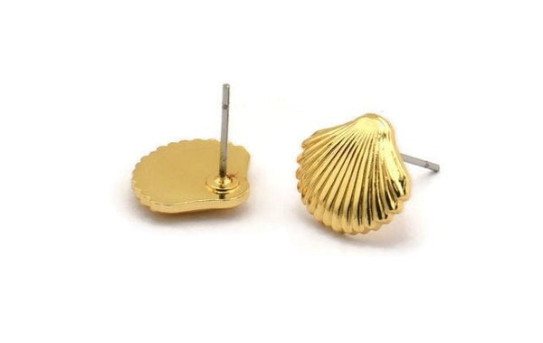 Gold Shell Earring, 2 Gold Plated Brass Sea Shell Stud Earrings, Findings (13x11x2mm) D994 A1225