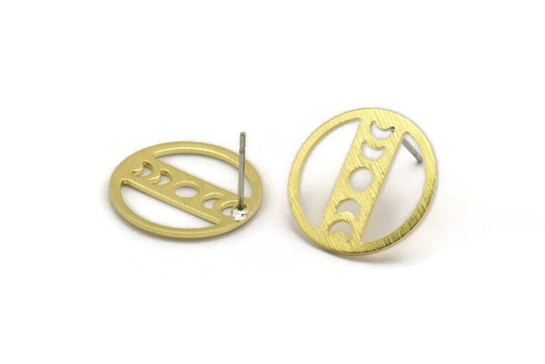 Brass Round Earring, 6 Textured Raw Brass Moon Phases Shaped Round Stud Earrings (18x0.80mm) M02829